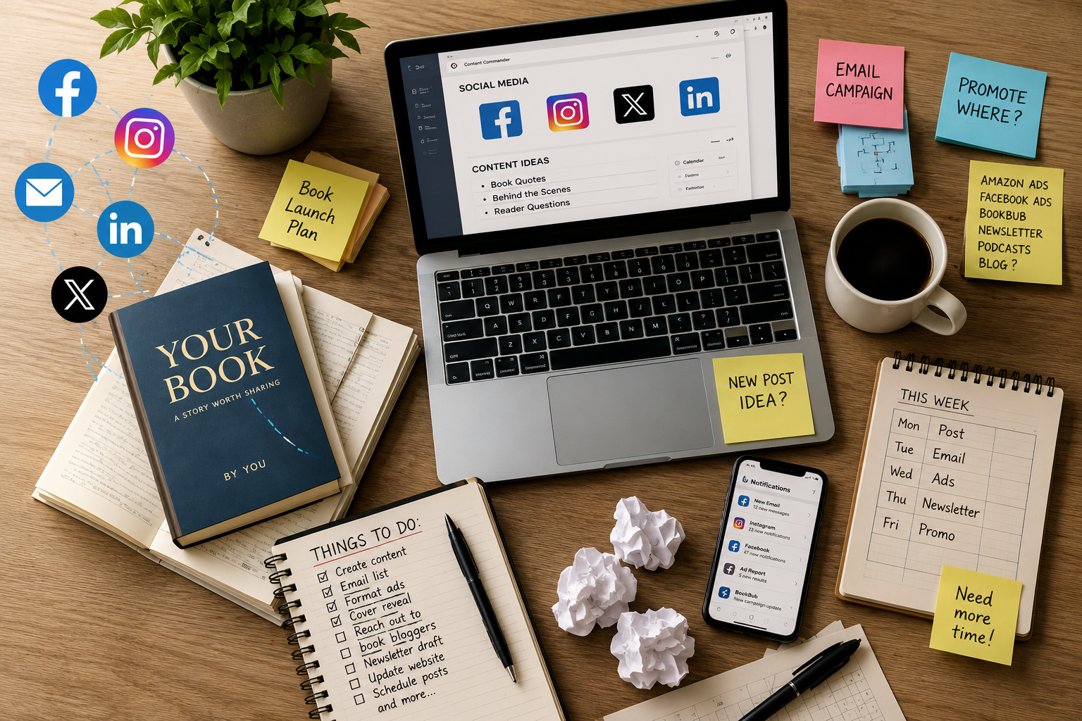 An author's desk overwhelmed with marketing tasks, sticky notes, and social media